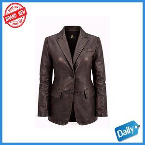 Genuine Leather Blazer Jacket Women Tailored Fit Notch Lapel Button Front